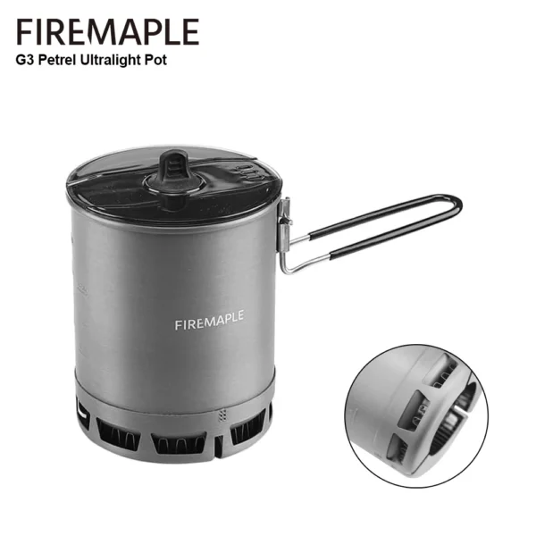 Fire-Maple G3 Petrel 600ml backpacking pot with folded handle beside a hiking backpack