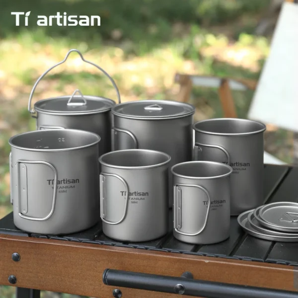 folding handle titanium mug with foldable handle shown in a natural titanium finish