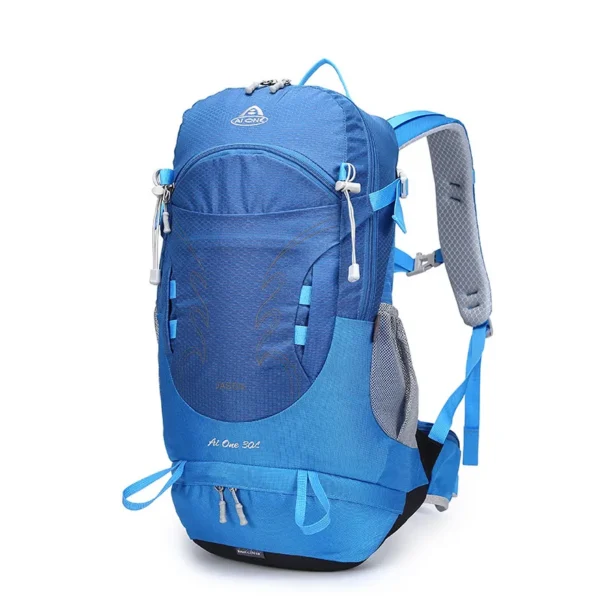 30L trekking backpack in sea sky blue nylon with rain cover for day hikes