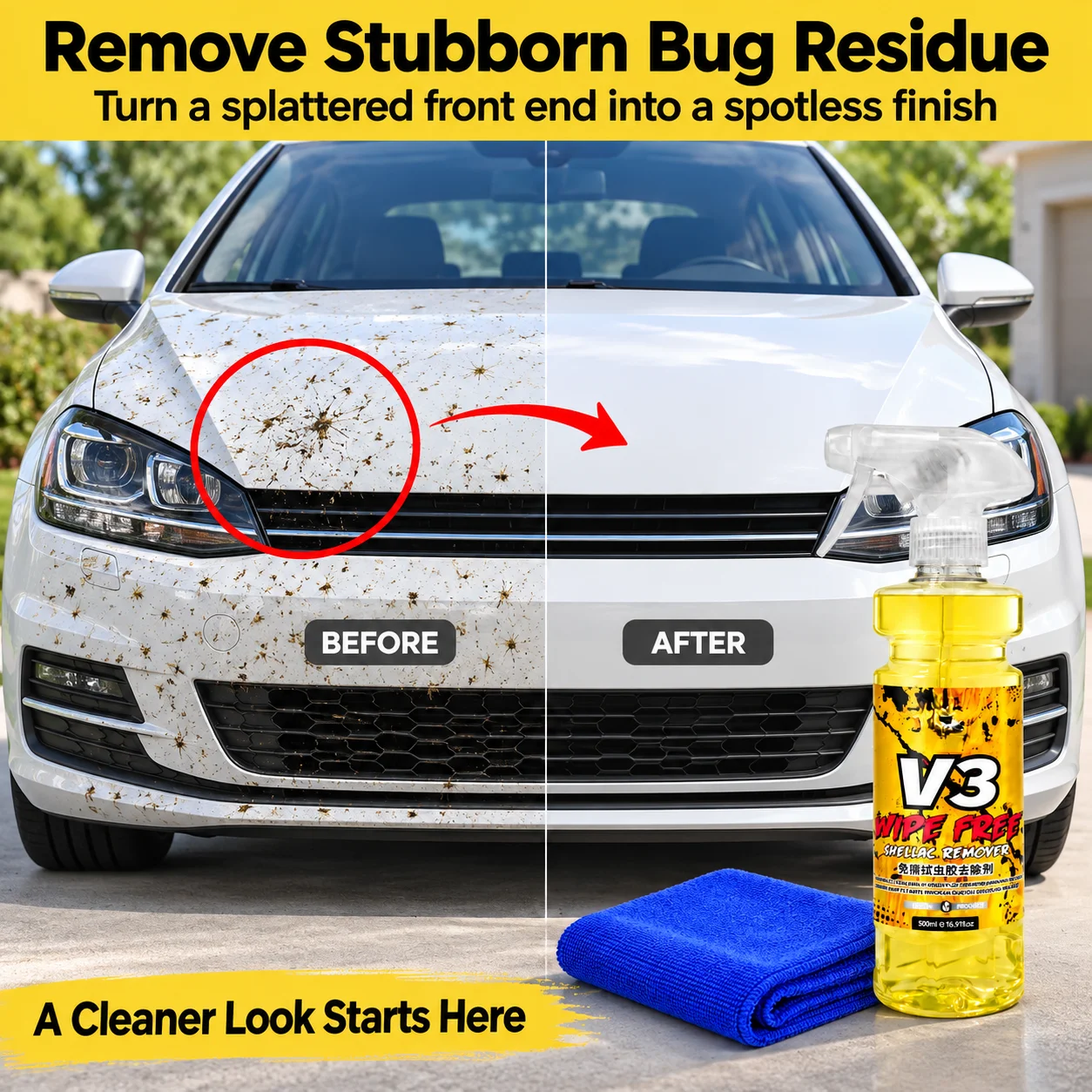 Insect Residue Remover Spray 300 ml for Bird Droppings and Sap 1 Insect residue remover spray bottle in front of a bug splattered car bumper