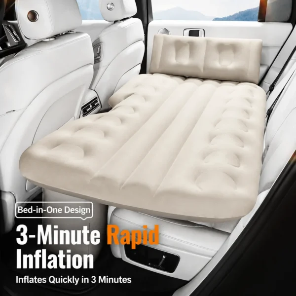 Automatic car air mattress inflated across the rear seat of a car ready for sleeping