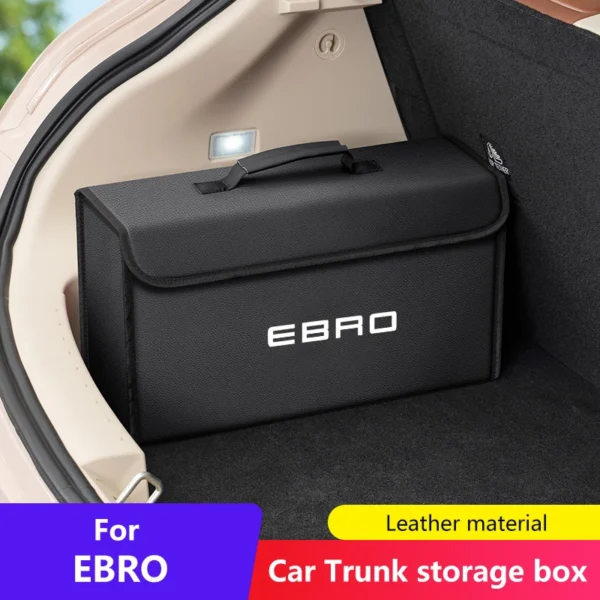Carbon fiber look polyester trunk storage box set up with groceries inside an EBRO SUV trunk