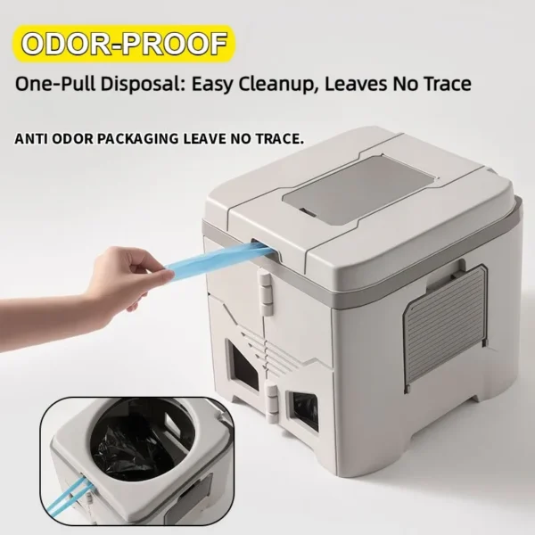 Sand colored odor resistant folding toilet with fold-out side shelf at a campsite