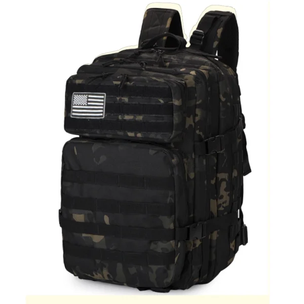 600D tactical backpack in black with MOLLE webbing in 25L and 50L sizes