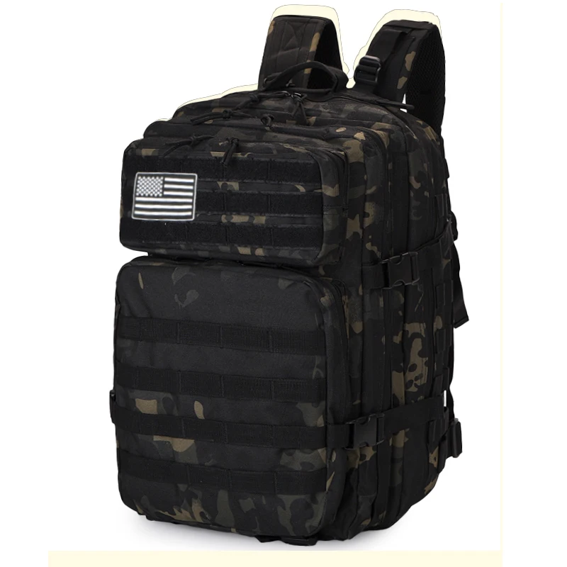 600D Tactical Backpack 25L or 50L MOLLE Bag for Hiking 1 600D tactical backpack in black with MOLLE webbing in 25L and 50L sizes