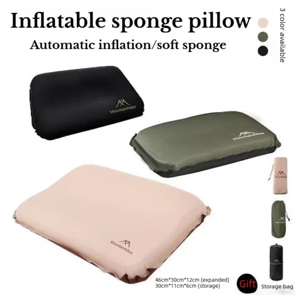 Green self inflating sponge pillow inflated beside its small compression package on a sleeping bag