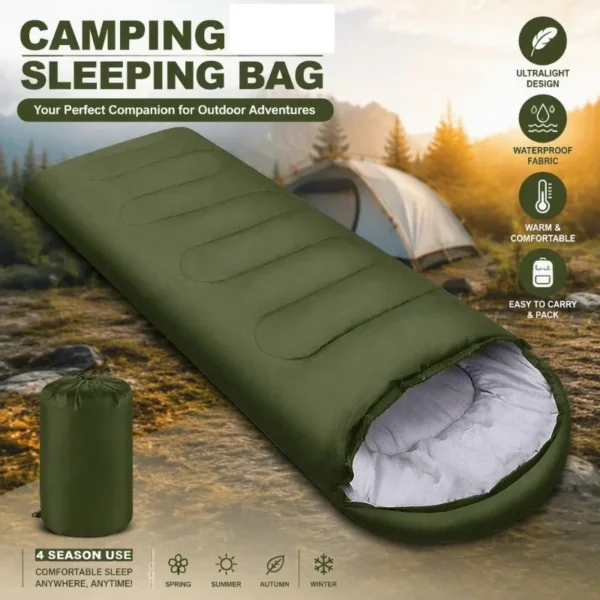 Blue four season sleeping bag in an envelope shape unzipped on a tent floor beside its storage sack