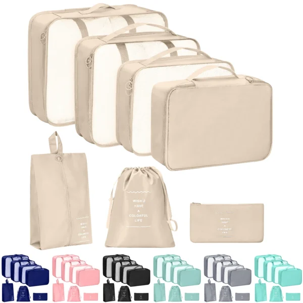 Polyester packing cube set in grey, seven bags of different sizes including a shoe organizer
