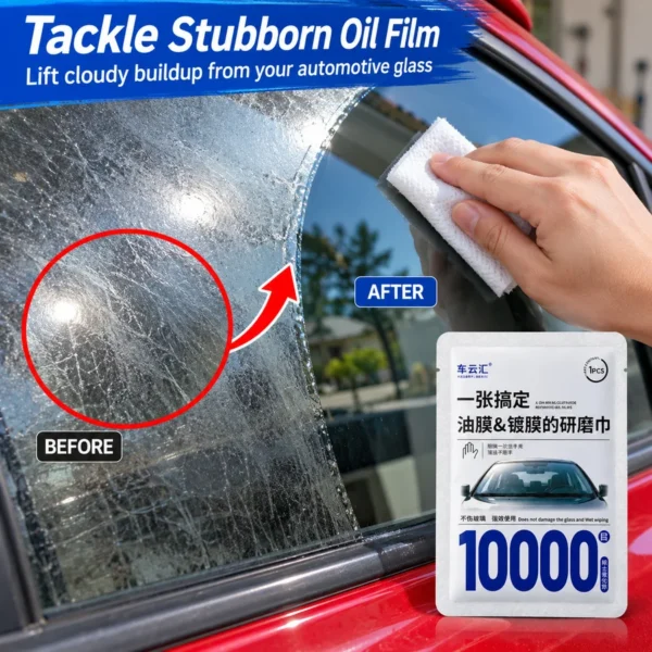 Windshield oil film wipes pack with one wipe cleaning the inside of a car windshield
