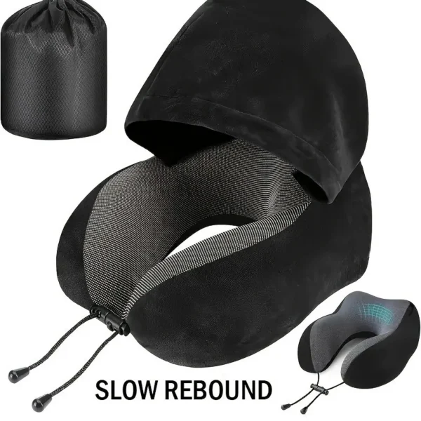 Hooded travel neck pillow in grey with the hood raised for napping in a car