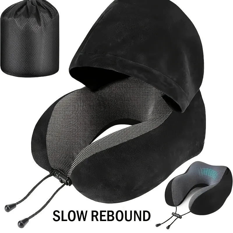 Hooded Travel Neck Pillow U Shape Memory Foam Removable Cover 1 Hooded travel neck pillow in grey with the hood raised for napping in a car