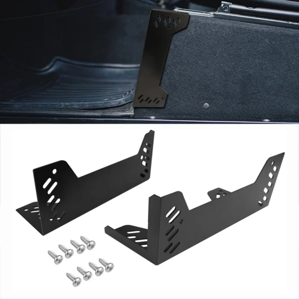 Pair of black seat box corner protectors in powder coated steel installed in a Land Rover Defender