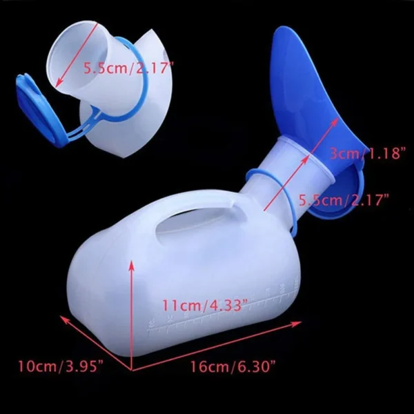 Portable car urinal in plastic stored under a car seat for long distance travel