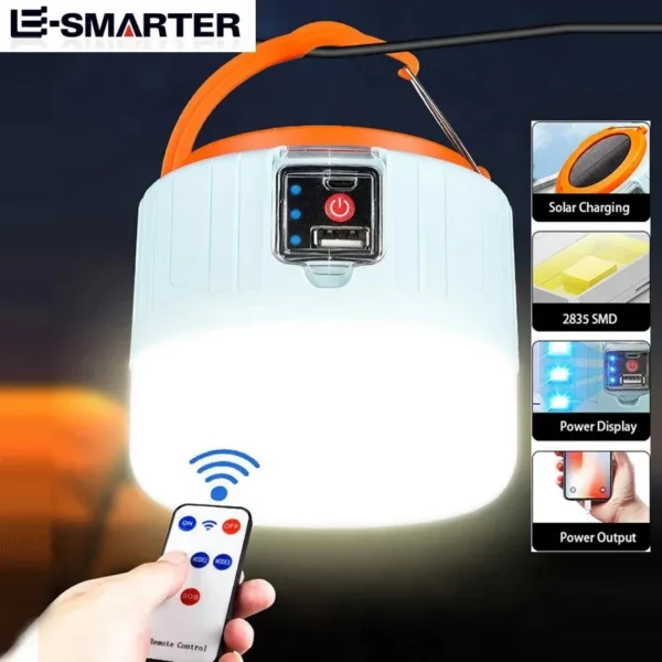 Solar LED camping lantern with USB rechargeable battery glowing on a camp table at night