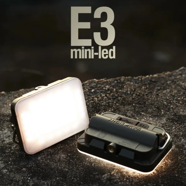 Rechargeable tent light in the compact E3 mini style, shown in khaki and black