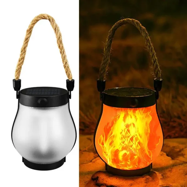 Solar flame camping lamp hanging outdoors at dusk with a warm flame effect glowing inside