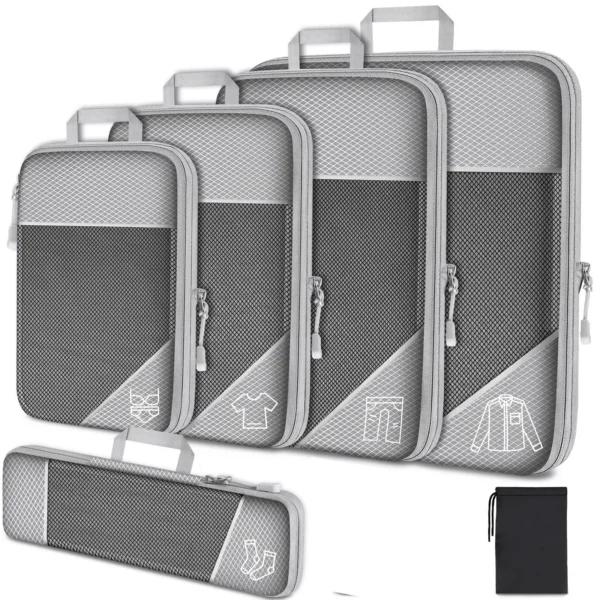 Navy blue honeycomb fabric packing cubes set with shoe bag and mesh pouch beside luggage