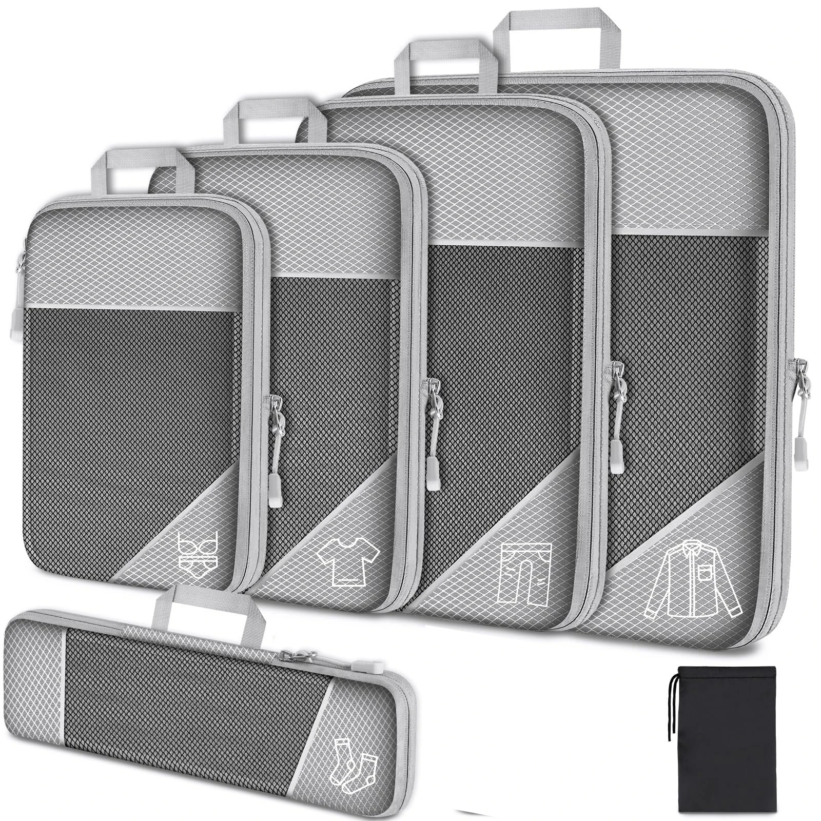Honeycomb Fabric Packing Cubes, 3 or 6 Piece Set with Shoe Bag 1 Navy blue honeycomb fabric packing cubes set with shoe bag and mesh pouch beside luggage