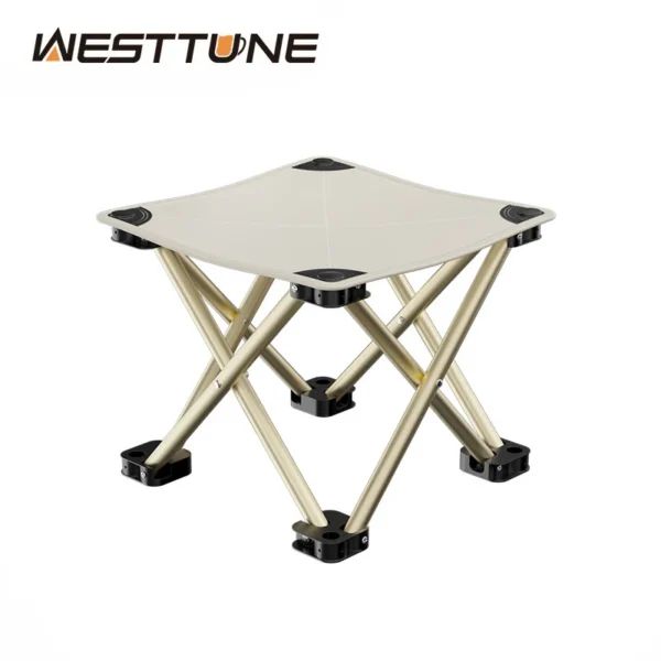 WESTTUNE collapsible foot stool in black opened on the sand at the beach beside a cooler