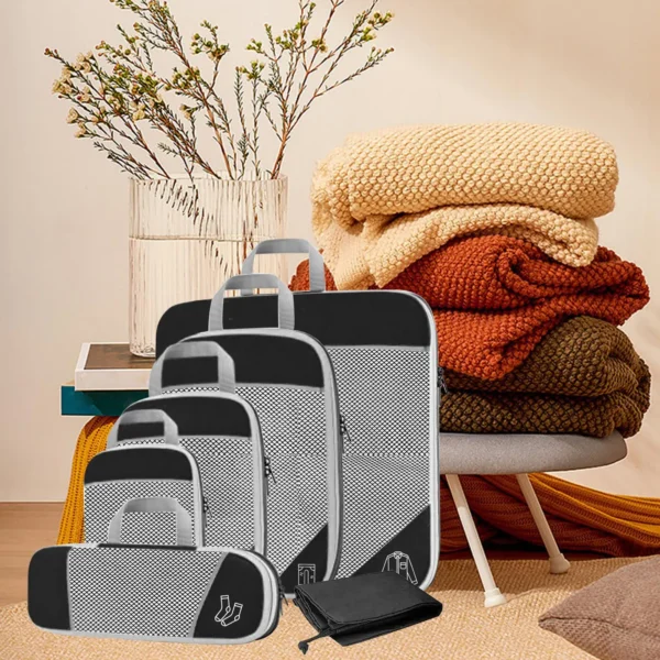 Drawstring pouch packing cubes set with mesh topped nylon cubes and matching drawstring bag