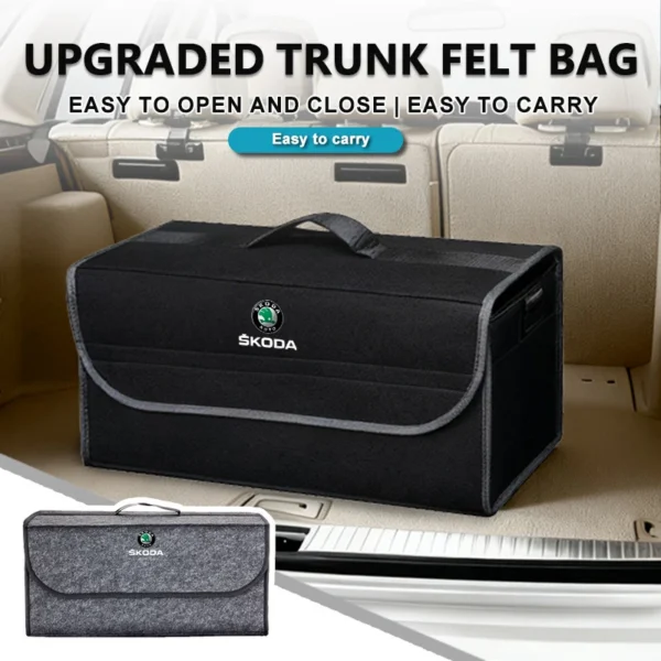 Black felt trunk storage box with folding sides placed in the cargo area of a Skoda wagon