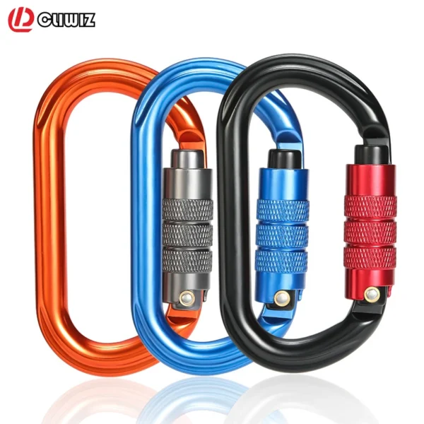 O shape locking carabiner in orange aviation aluminum with automatic safety lock gate