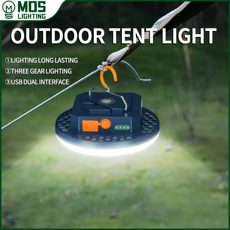 Ultra Bright Tent Light, Magnetic Rechargeable 15W or 30W 1 Ultra bright tent light with hanging hook and magnetic base, shown lit in bright white