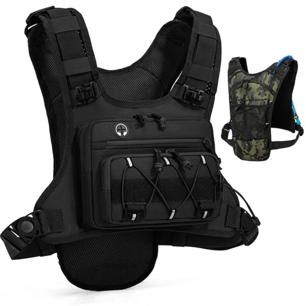 Hydration chest rig with multi-pocket front bag, back bladder sleeve and adjustable straps