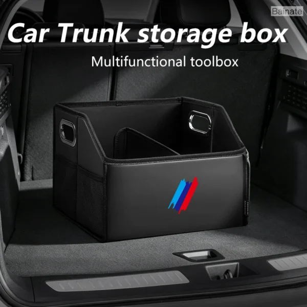 Red car trunk toolbox organizer in polyester holding tools and cleaning supplies in a BMW trunk