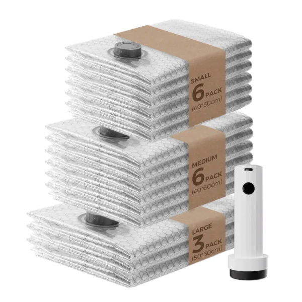 Vacuum compression storage bags flattened with clothing inside next to the small electric pump