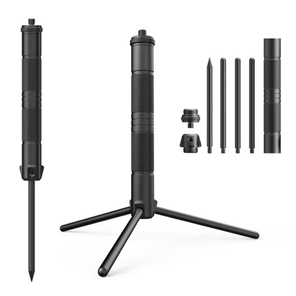 Aluminum lantern tripod stand unfolded with a camping lamp fitted at the top