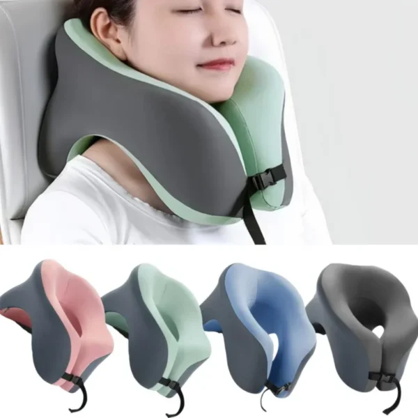Washable travel neck pillow in memory foam beside its waterproof travel bag