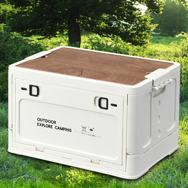 Wooden lid storage box in green, a 30L folding crate with side opening for car camping