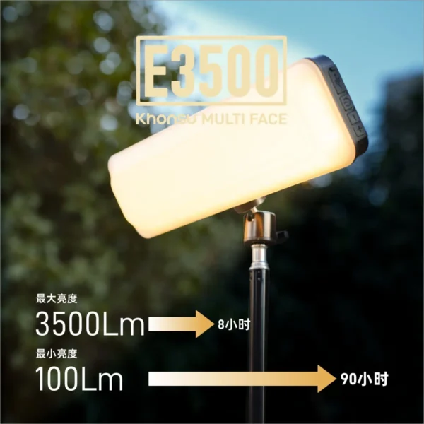 Large capacity camping light hanging from a tent loop with bright LEDs switched on