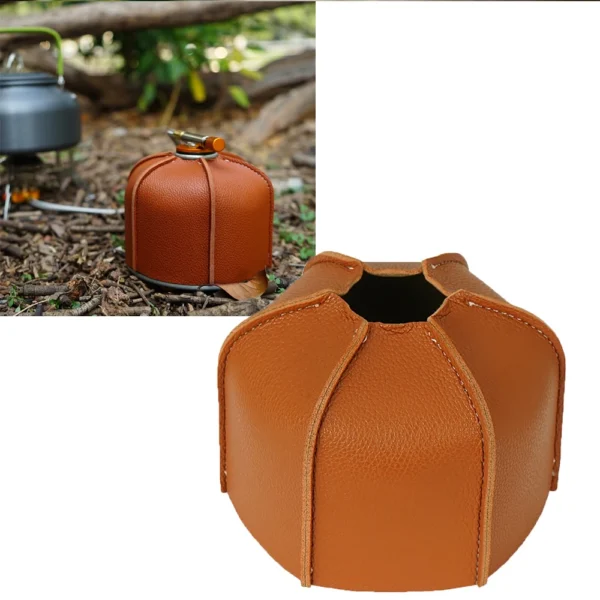 Gas canister leather cover in PU leather fitted over a flat camping fuel tank