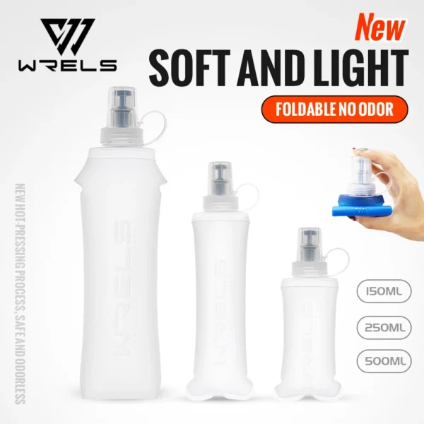 Collapsible water bottle soft flask in light blue partly folded next to a hiking pack