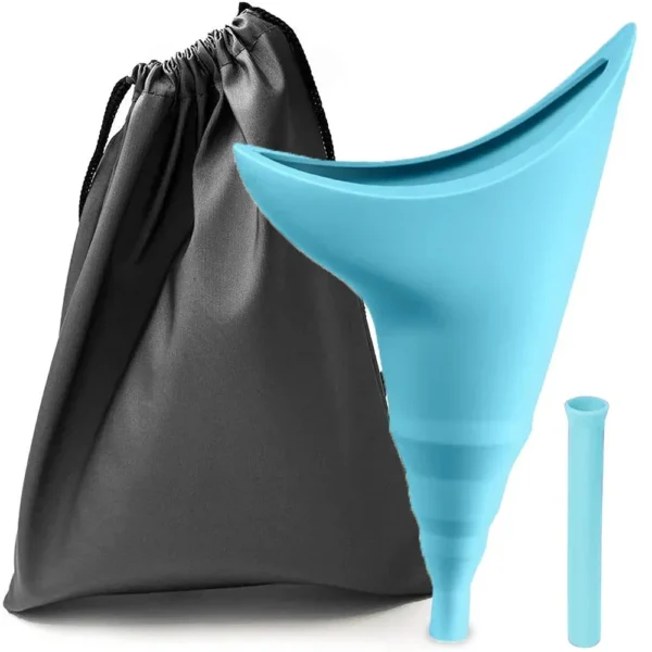 Female urination device made of soft reusable silicone shown in a pink travel set