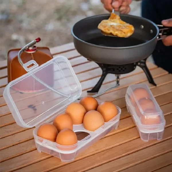Camping egg storage box in plastic open to show eggs held in individual slots