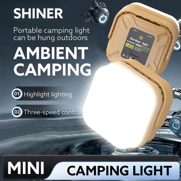 Super bright camping lantern glowing on a camp table with its Type-C charging port visible