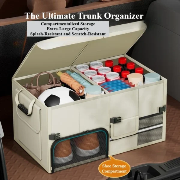 Beige 60L Oxford trunk organizer packed with camping gear in the back of a car