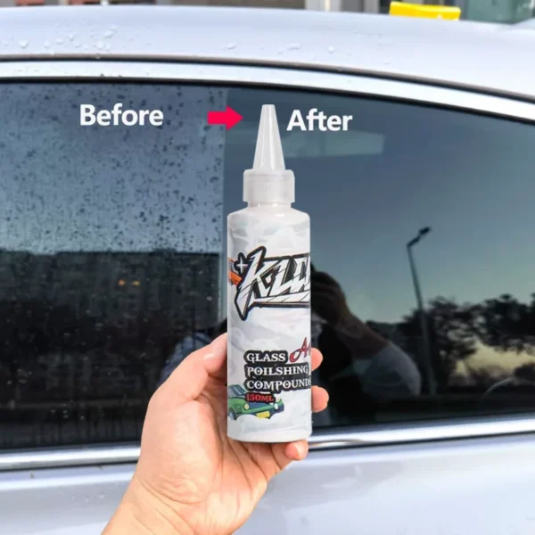 Cerium oxide glass polish bottle beside a clear, freshly polished car windshield