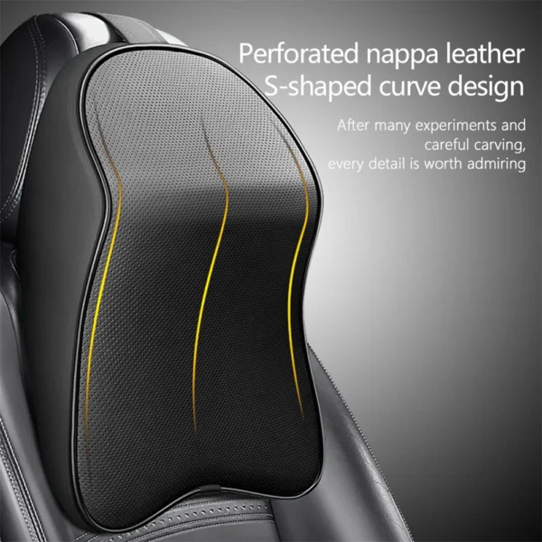 Leather car headrest cushion in brown attached to a car seat headrest