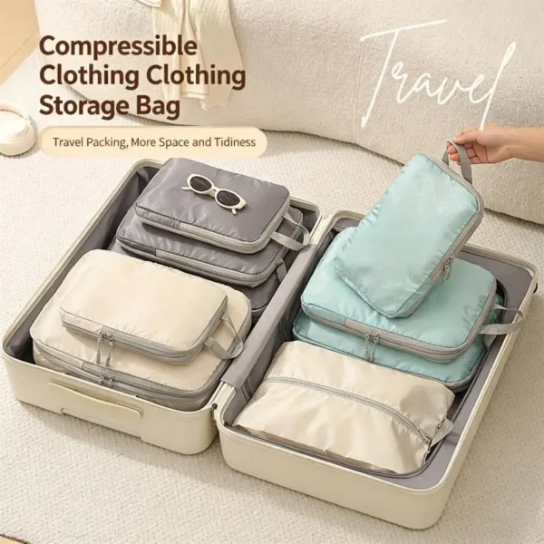 Expandable compression packing cubes in beige, three cube sizes and a shoe bag arranged in a suitcase