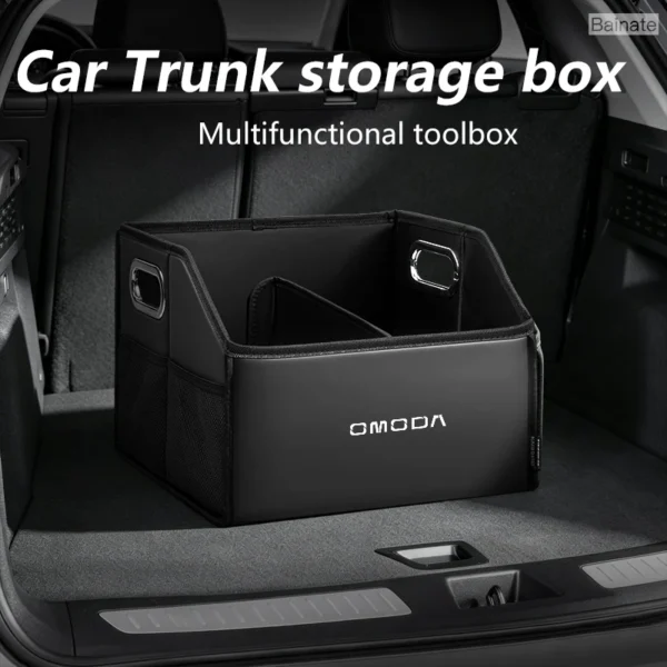 Orange folding leather trunk box with groceries in the cargo area of an OMODA C5