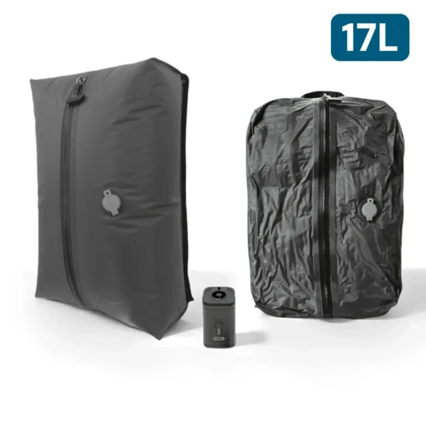 Travel vacuum storage bags with pump compressing folded clothes flat inside an open suitcase