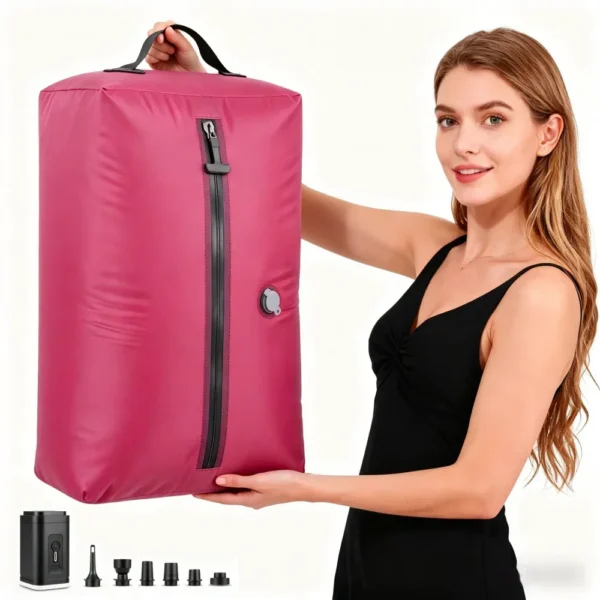 17L travel vacuum bags compressed flat with clothes inside and a rechargeable air pump