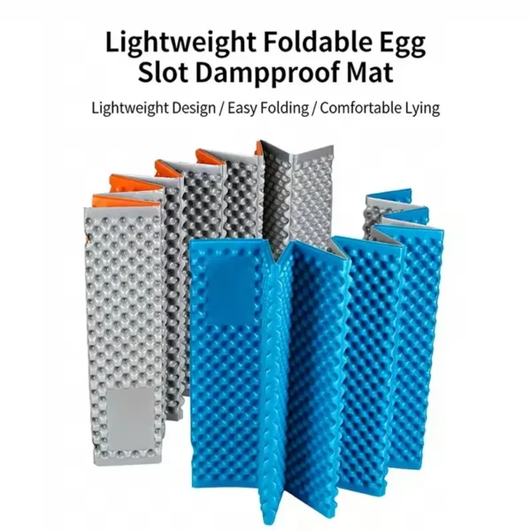 Foldable egg crate sleeping pad partly unfolded showing the foam ridges and silver aluminum foil base