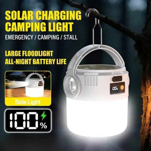 Solar camping lantern with a solar panel on top and hanging hook, shown in its portable ABS body
