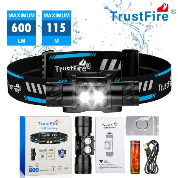 TrustFire H5R ip68 waterproof headlamp with dual LED lenses and reflective sweat headband