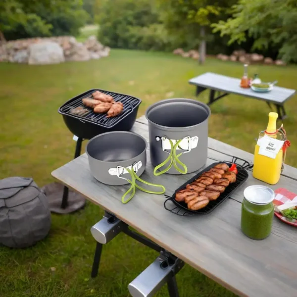 Aluminum camping pot set in orange with lid, carry bag and stainless steel cutlery
